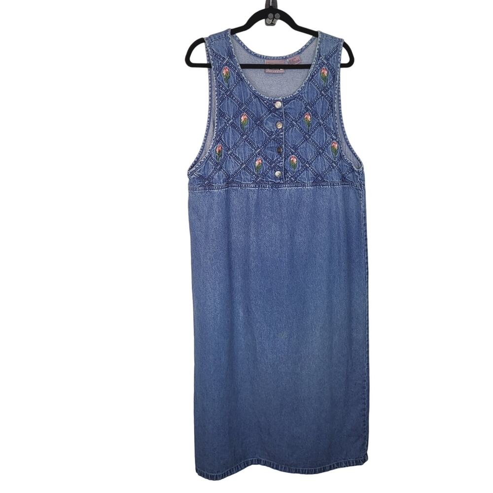 Vintage Premier International Rose Embroidered Maxi Denim Dress Size XL